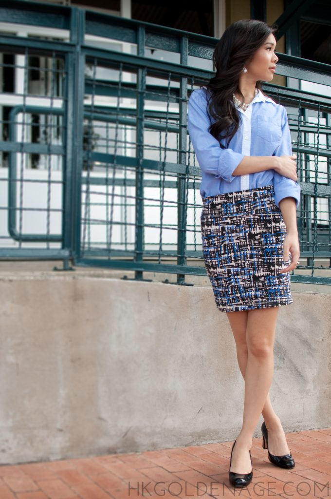 French Blue Shirt with Patterned Skirt lookbook