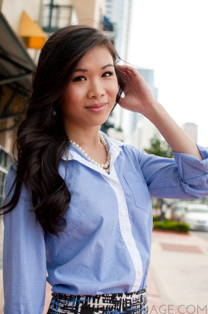 French Blue shirt and Pearls lookbook