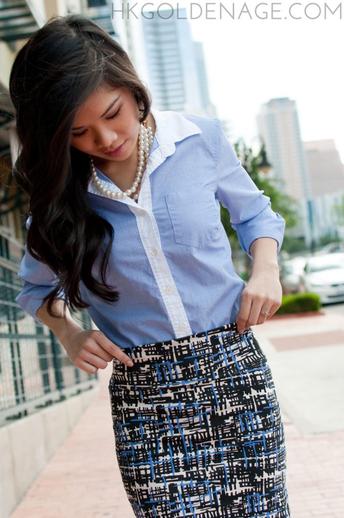 Blue button down shirt with patterned skirt