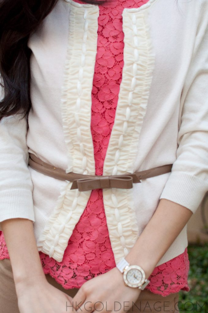 Coral lace tank with embellished cream blazer and skinny bow belt