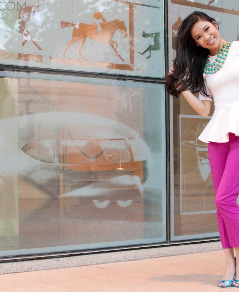 Colorful work outfit with peplum and statement necklace