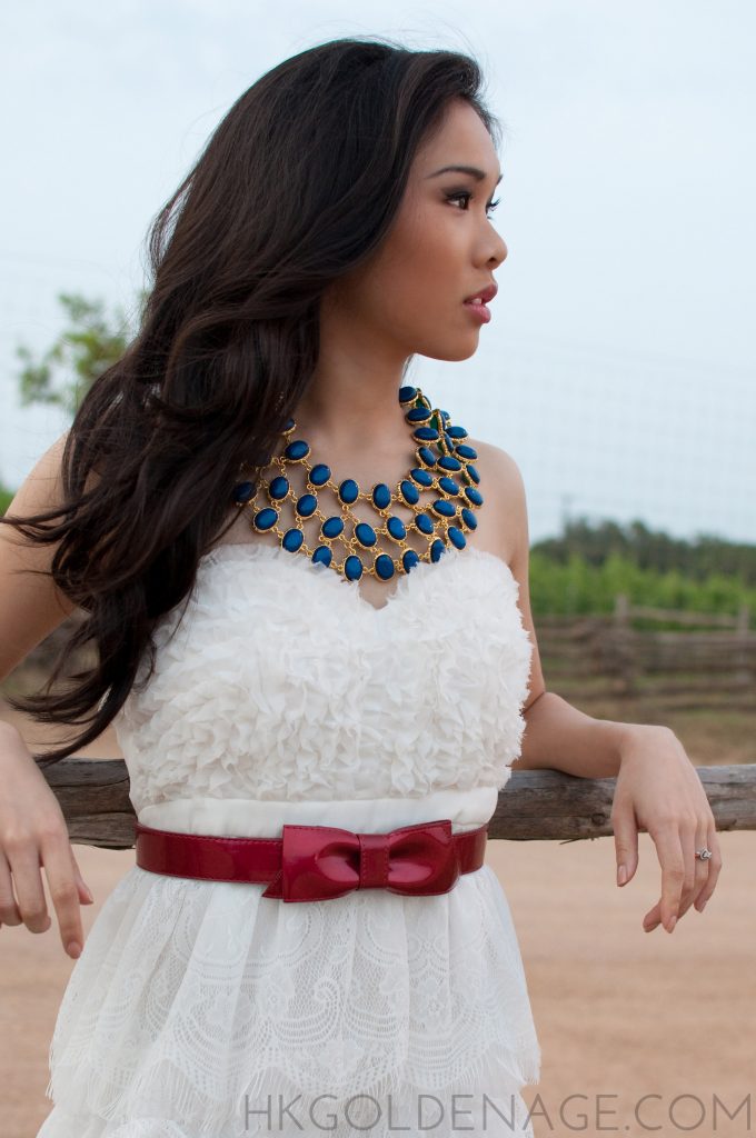 Country Dress with Amrita Singh Reversible Bib Necklace, red white, and blue