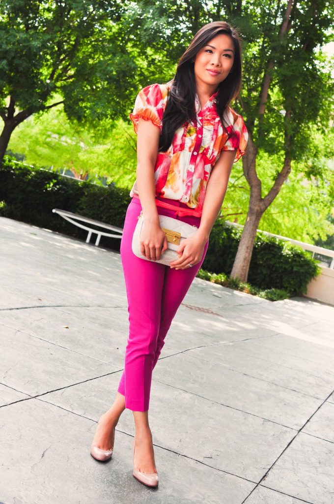 Ann Taylor fuchsia ankle pants, watercolor summer blouse, Michael Kors quilted clutch, hot pink skinny bow belt, Christian Louboutin Simple 85 mm pumps, summer work outfit, what to wear to work during summer