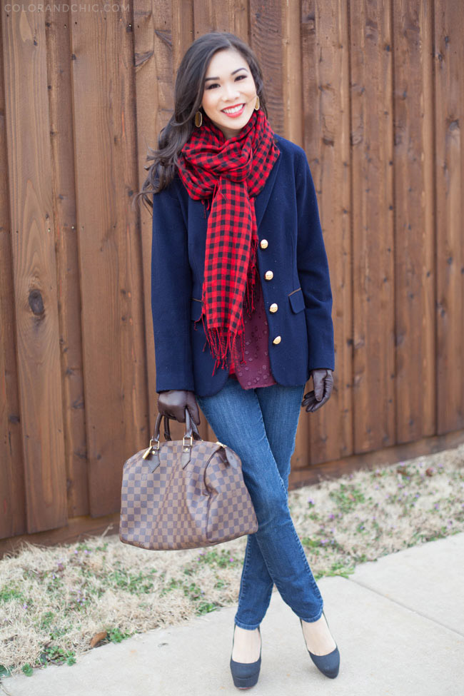 navy,red,winter,outfit,of,the,day,lookbook,style,wardrobe,wool,blazer,gold,buttons,kendra,scott,elle,tigers,eye,earrings,ann,taylor,brown,leather,gloves,cashmere,scarf,statement,christian,louboutin,gray,grey,flannel,pumps,bianca,louis,vuitton,speedy,red,lips