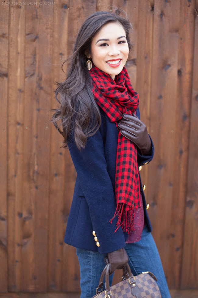 navy,red,winter,outfit,of,the,day,lookbook,style,wardrobe,wool,blazer,gold,buttons,kendra,scott,elle,tigers,eye,earrings,ann,taylor,brown,leather,gloves,cashmere,scarf,statement,christian,louboutin,gray,grey,flannel,pumps,bianca,louis,vuitton,speedy,red,lips