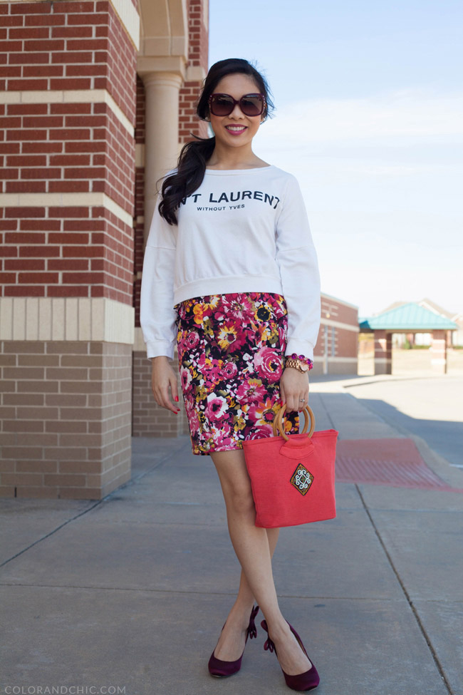 valentino,rockstud,sunglasses,red,maroon,burgundy,ain't,laurent,without,yves,crop,top,sweater,cropped,floral,pencil,skirt,what,i,wore,badgley,mischka,bow,pumps,jcrew,bracelet,michael,kors,runway,watch,