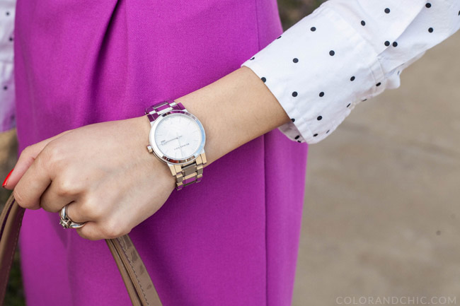 ann,taylor,fucshia,dress,work,office,wardrobe,polka,dotted,dot,shirt,button,down,longchamp,planetes,work,staples,christian,louboutin,simple,85,mm,ann,taylor,oval,pearlized,necklace,burberry,medium,check,watch,outfit,of,the,day,lookbook,