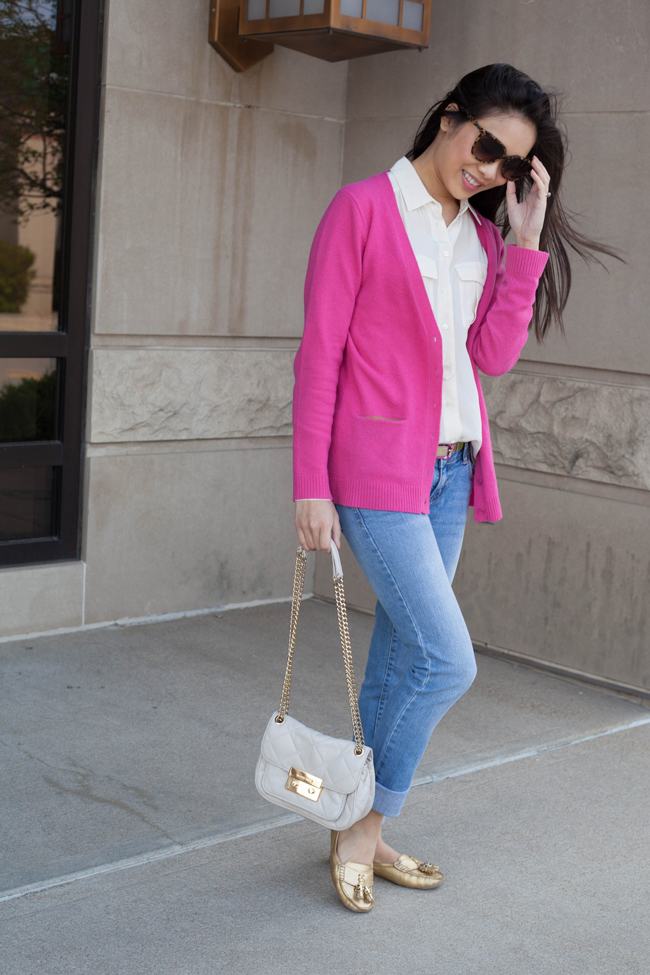 casual,outfit,of,the,day,ootd,jcrew,crewcuts,pink,tory,burch,gold,loafers,penny,drivers,michael,kors,sloan,quilted,crossbody,handbag,hudson,denim,jeans,gucci,sunglasses,havana,lookbook,blythe,blouse,silk,white,ivory,