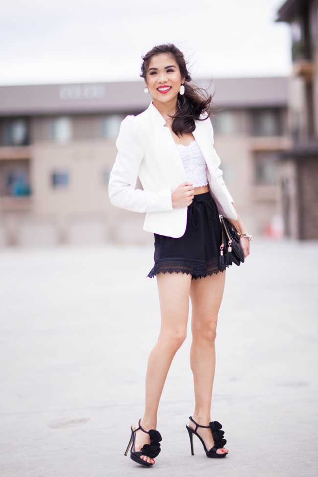 Black & White :: Crop Top & Lace Trim Shorts - Color & Chic