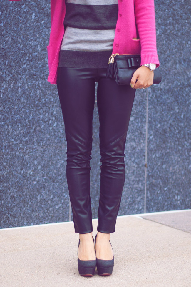 Pop of Pink :: Striped Sweater & Leather Pants - Color & Chic