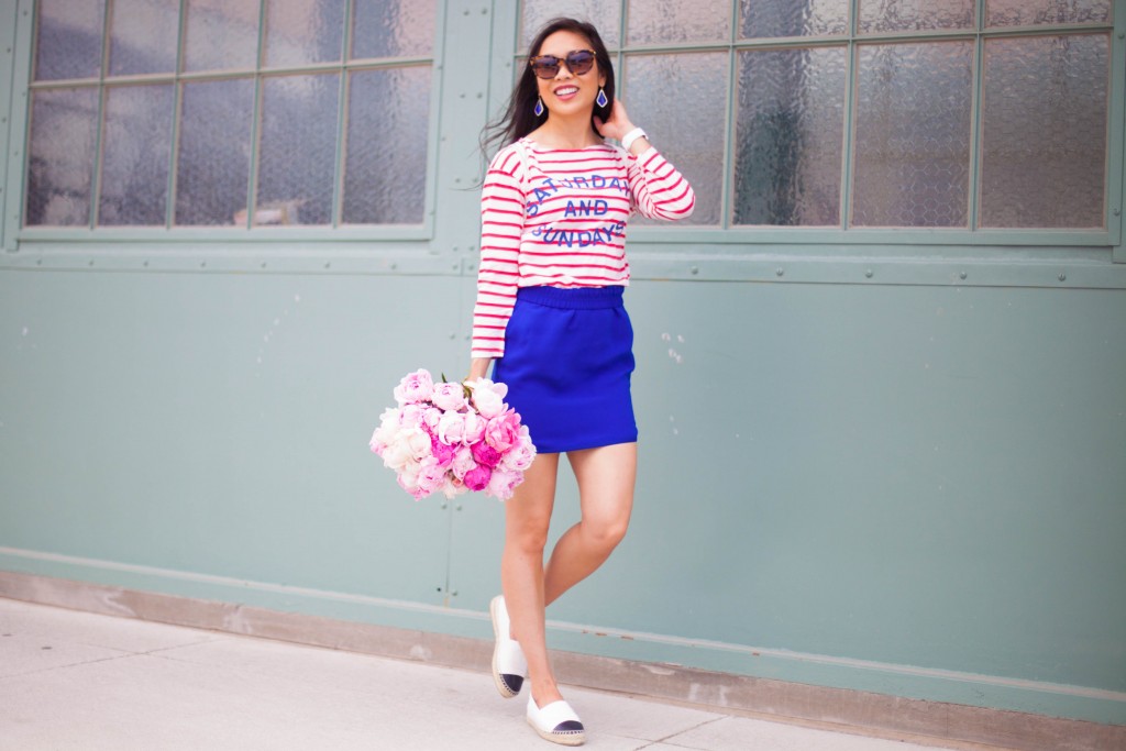 anthropologie,saturdays,saturday,sundays,sunday,shirt,t,tee,striped,top,j,crew,factory,cobalt,skirt,pockets,chanel,espradrilles,white,black,cap,toe,thierry,lasry,lively,sunglasses,kendra,scott,alex,earrings,hm,white,backpack,leather,peonies,lincoln,nebraska,historic,haymarket,farmers,market,fashion,style,blogger,railyard,apple,watch,sport,iwatch,casual,hoang,kim,cung,