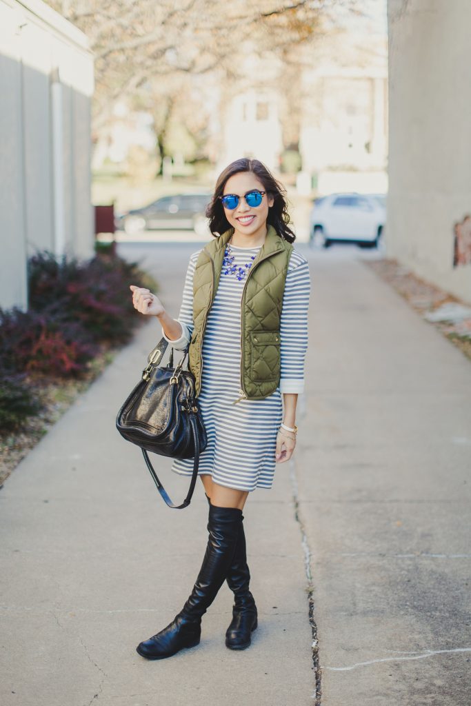 topshop,striped,stripe,sweater,dress,gray,cream,beige,stuart,weitzman,over,the,knee,boots,5050,leather,jcrew,olive,puffer,sage,vest,rayban,mirror,lens,clubmaster,chloe,paraty,perry,street,jane,necklace,blue,rocksbox,hermes,clic,clac,lincoln,nebraska,blogger,fall,