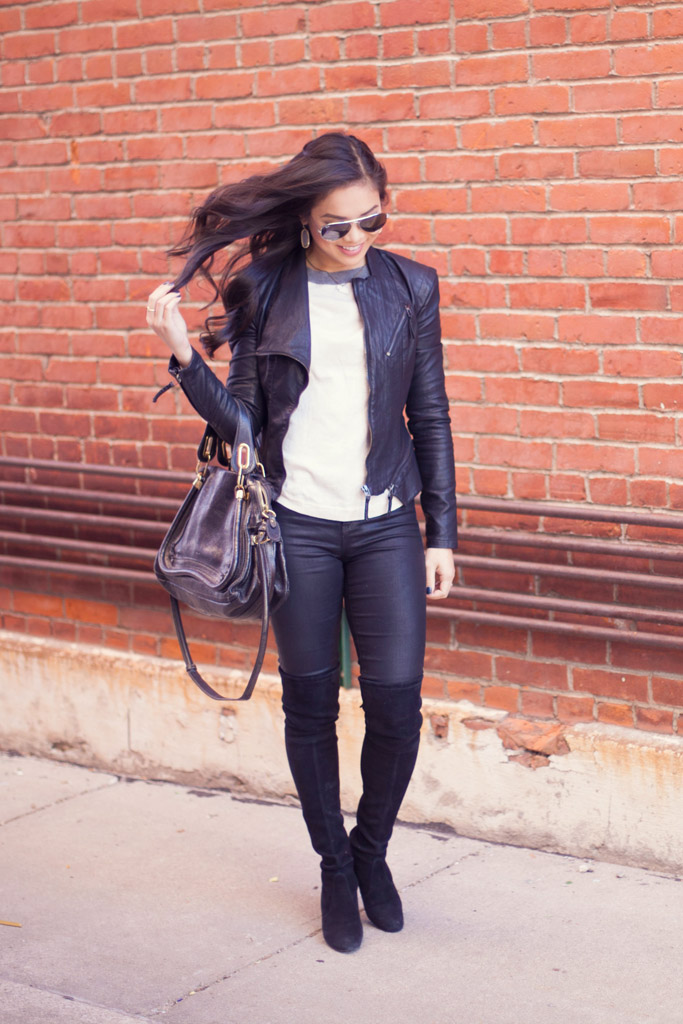 Mixing Textures :: Black Motorcycle Jacket + Suede Boots - Color & Chic