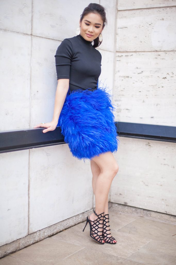 ostrich,feather,skirt,new,years,eve,feathers,blue,cobalt,zara,forever,21,schutz,juliana,heels,cage,kendra,scott,yves,saint,laurent,arty,ring,dallas,blogger,midwest,fashion,style,young,