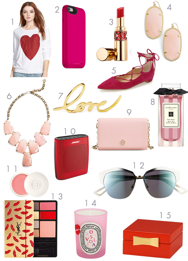 valentine's,day,gift,guide,for,her,wildfox,jumper,sweater,mophie,juice,air,pack,ysl,rouge,volupte,kendra,scott,earrings,danielle,harlow,necklace,west,elm,decor,ivanka,trump,lace,up,flats,bose,speaker,tory,burch,wallet,on,chain,jo,malone,bath,oil,dior,creme,de,la,rose,lip,balm,sunglasses,cat,eye,diptyque,candle,kate,spade,new,york,jewelry,box,valentine's,day,gift,guide,
