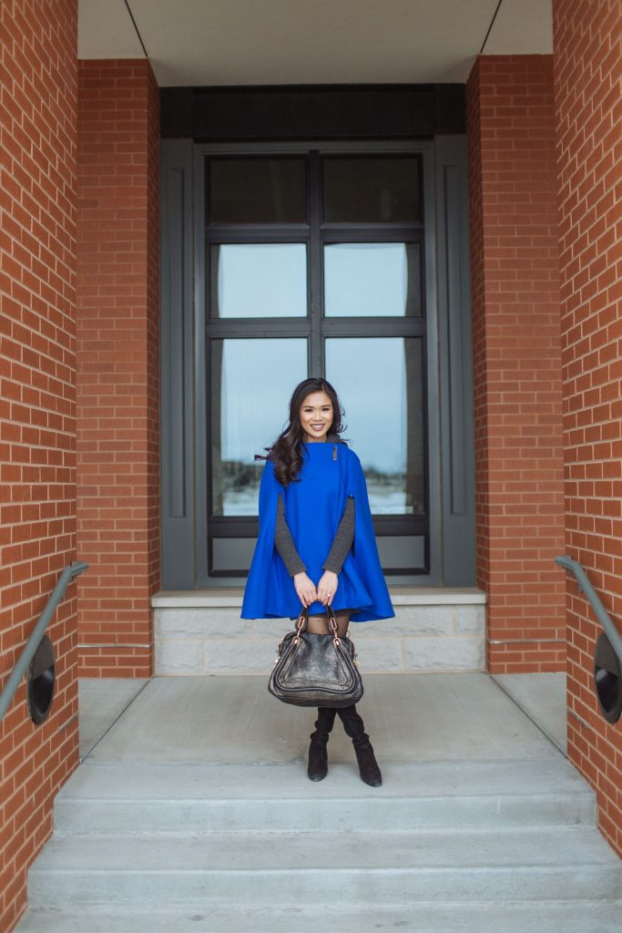 ted,baker,vickiye,cape,coat,bright,blue,hot,pink,pale,blush,bloomingdales,stuart,weitzman,over,the,knee,boots,suede,highland,ann,taylor,polka,dot,tights,falke,chloe,paraty,satchel,lincoln,nebraska,blogger,style,bcbg,sweater,dress,merino,wool,bellami,hair,extensions,jacket,outfit,color,and,chic,hoang,kim,cung,