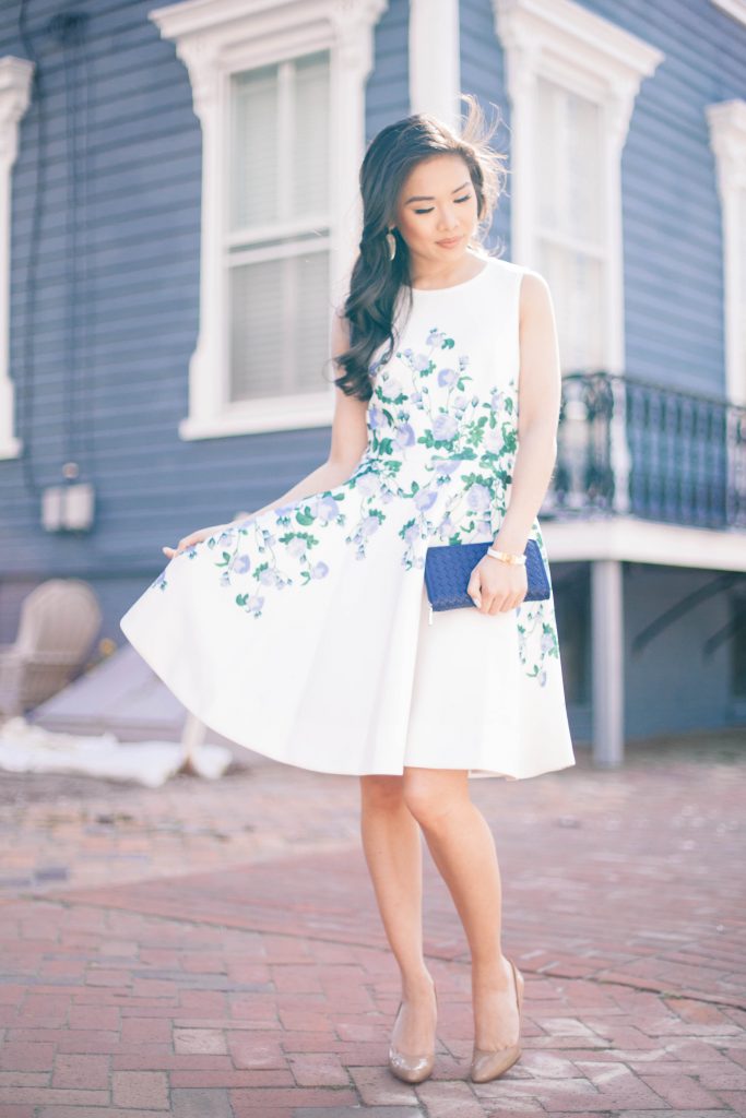 erin,fetherston,kendra,scott,earrings,suzie,dress,white,blue,roses,green,floral,florals,spring,fashionista,style,outfit,of,the,day,norfolk,virginia,blogger,lifestyle,downtown,charming,charlies,christian,louboutin,red,soles,hermes,clic,clac,periwinkle,southern,living,
