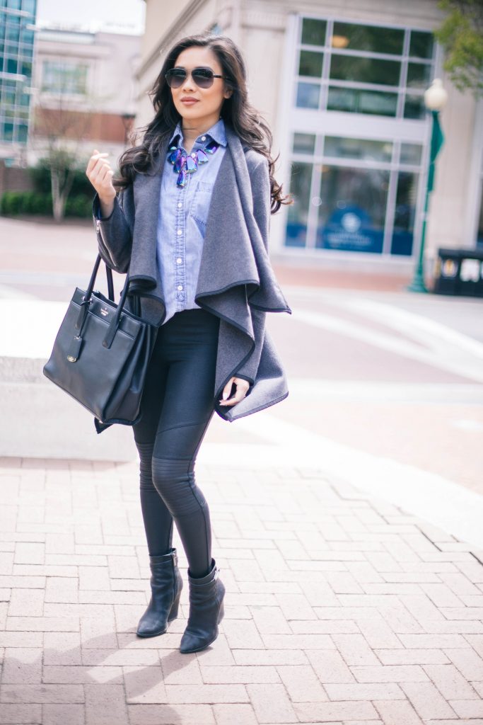 jcrew,chambray,button,up,down,top,kendra,scott,harlow,necklace,black,iridescent,romwe,asymmetrical,coat,jacket,gray,drape,cowl,neck,turtleneck,kate,spade,lucca,drive,candace,tote,bag,black,leather,river,island,biker,moto,pants,leggings,vince,camuto,booties,black,norfolk,virginia,downtown,granby,street,blogger,style,fashionista,