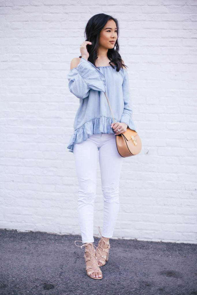 sanctuary,off,the,shoulder,chambray,top,shirt,blouse,white,j,brand,distressed,denim,jeans,dark,chloe,drew,dupe,lookalike,replica,amazon,steal,ivanka,trump,kavita,block,heels,lace,up,sandals,summer,style,norfolk,virginia,downtown,