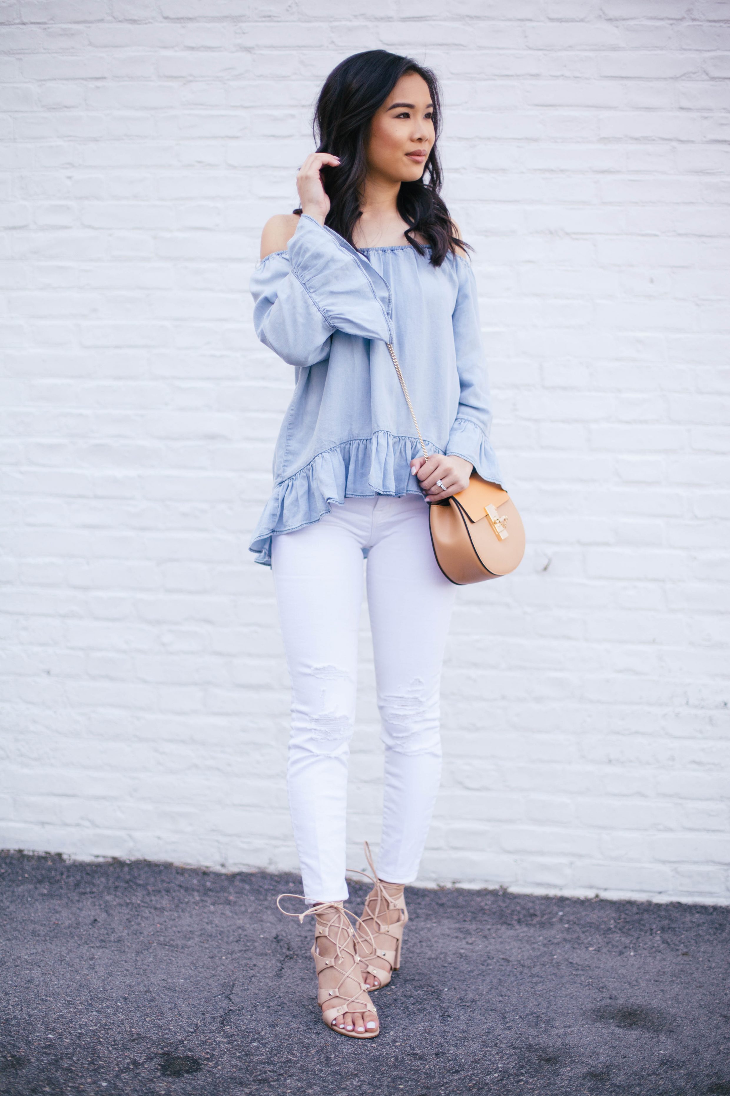 Off the shoulder chambray + White Denim - Color & Chic