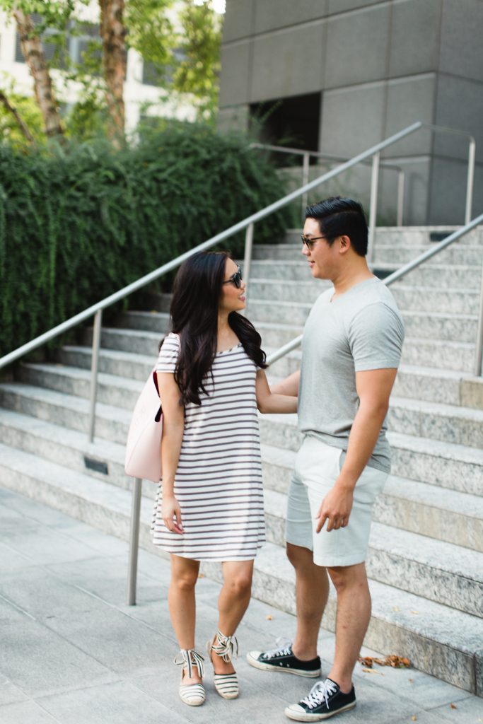 lush,nordstrom,jcrew,his,and,hers,her's,style,fashion,couple,outfit,outfits,summer,casual,striped,t,shirt,dress,v-neck,v,neck,converse,soludos,espadrilles,sandals,black,white,casual,gray,dallas,ray,ban,lanvin,sunglasses,shop,ditto,