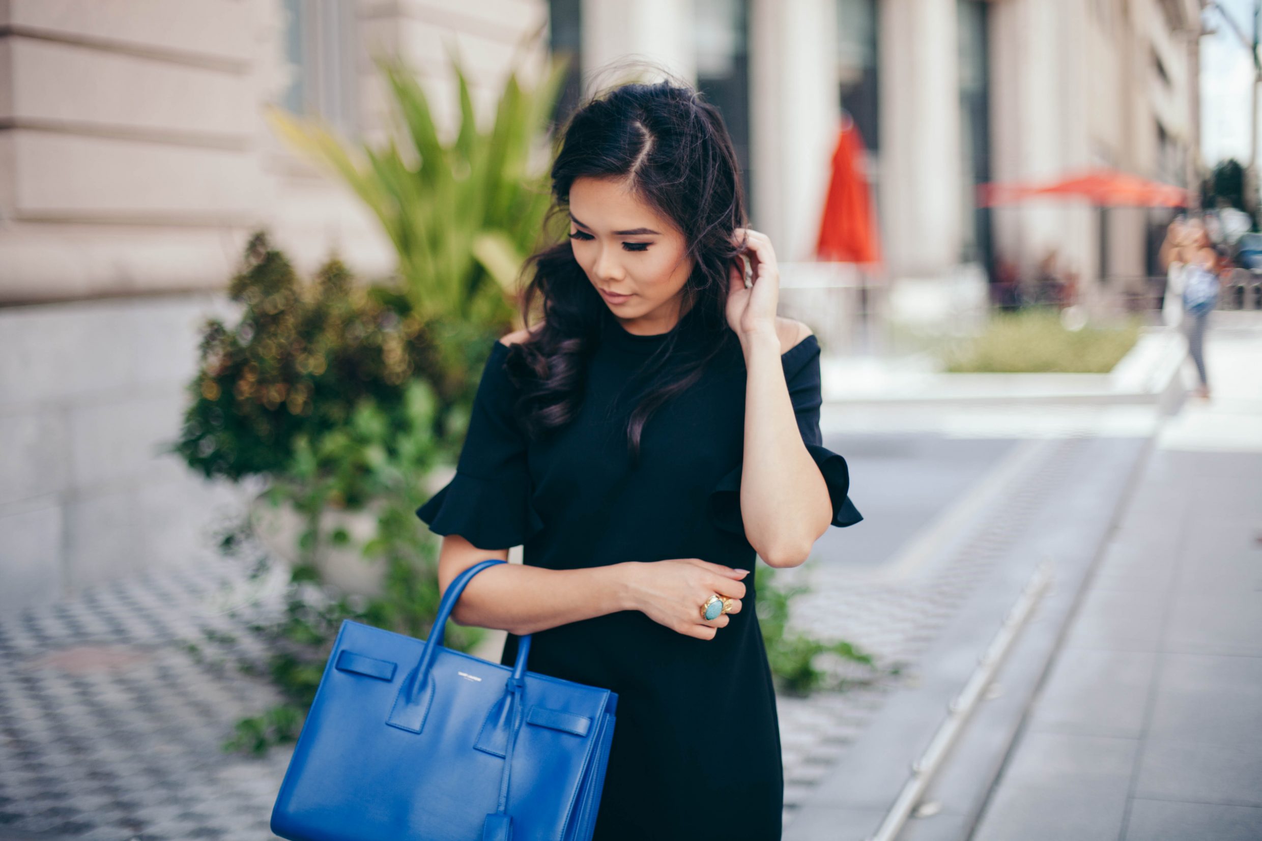 trendlee,rent,the,runway,rebecca,minkoff,cold,shoulder,ruffle,dress,saint,laurent,sac,de,jour,blue,designer,high,end,norfolk,downtown,slover,library,ysl,arty,ring,outfit,classic,style,blog,fashion,