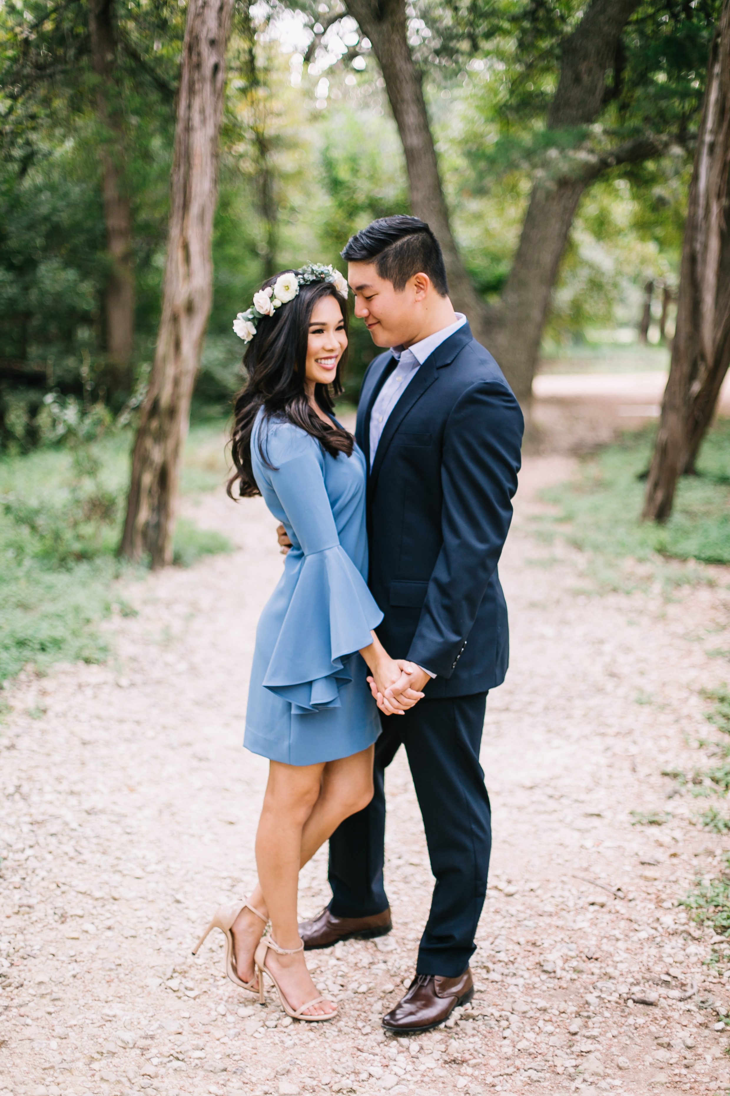 styled,shoot,engagement,wedding,rose,flower,crown,austin,texas,photographer,wedding,jcrew,suit,style,me,pretty,milly,nicole,bell,sleeve,bellsleeved,dress,periwinkle,stuart,weitzman,whimsical,fairy,woods,nature,photograhy,bride,groom,navy,blue,brandon,hill,photography,