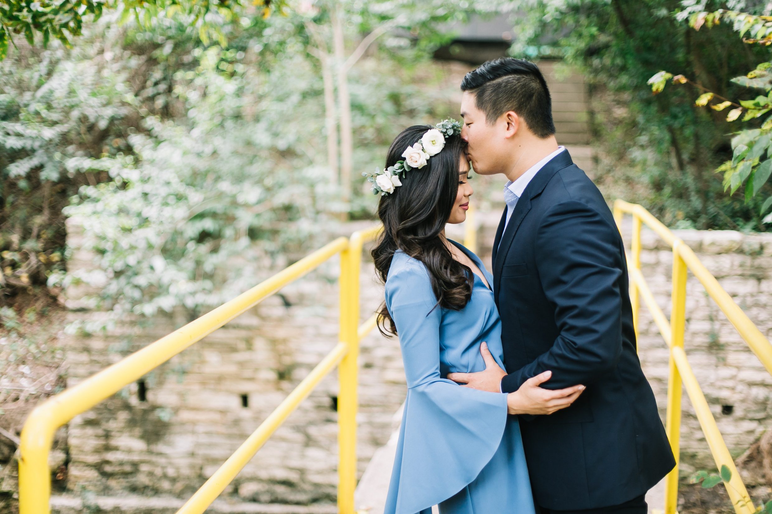 styled,shoot,engagement,wedding,rose,flower,crown,austin,texas,photographer,wedding,jcrew,suit,style,me,pretty,milly,nicole,bell,sleeve,bellsleeved,dress,periwinkle,stuart,weitzman,whimsical,fairy,woods,nature,photograhy,bride,groom,navy,blue,brandon,hill,photography,