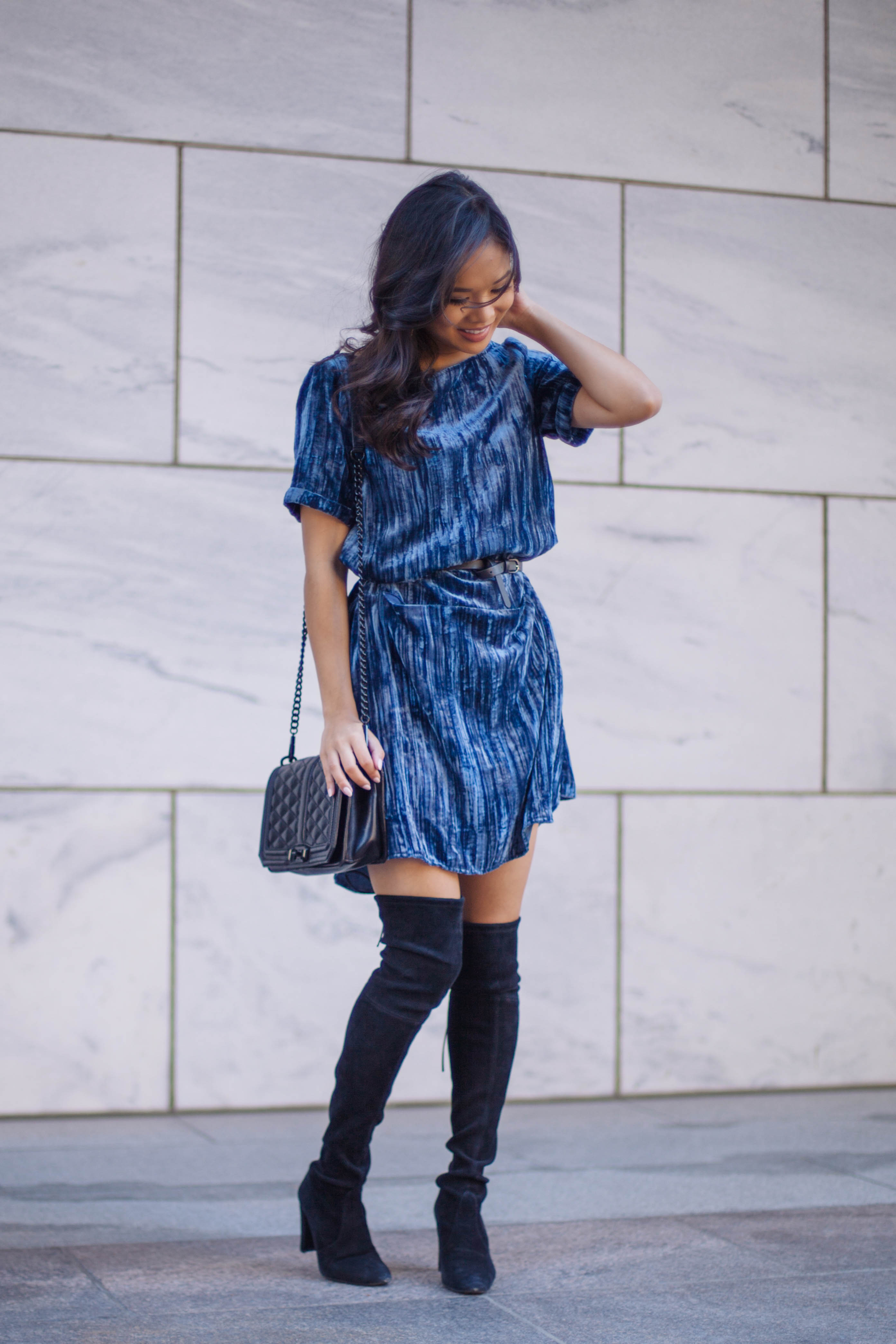 marathon Conceited indoor Blues :: Crinkled Velvet Dress + OTK Boots - Color & Chic