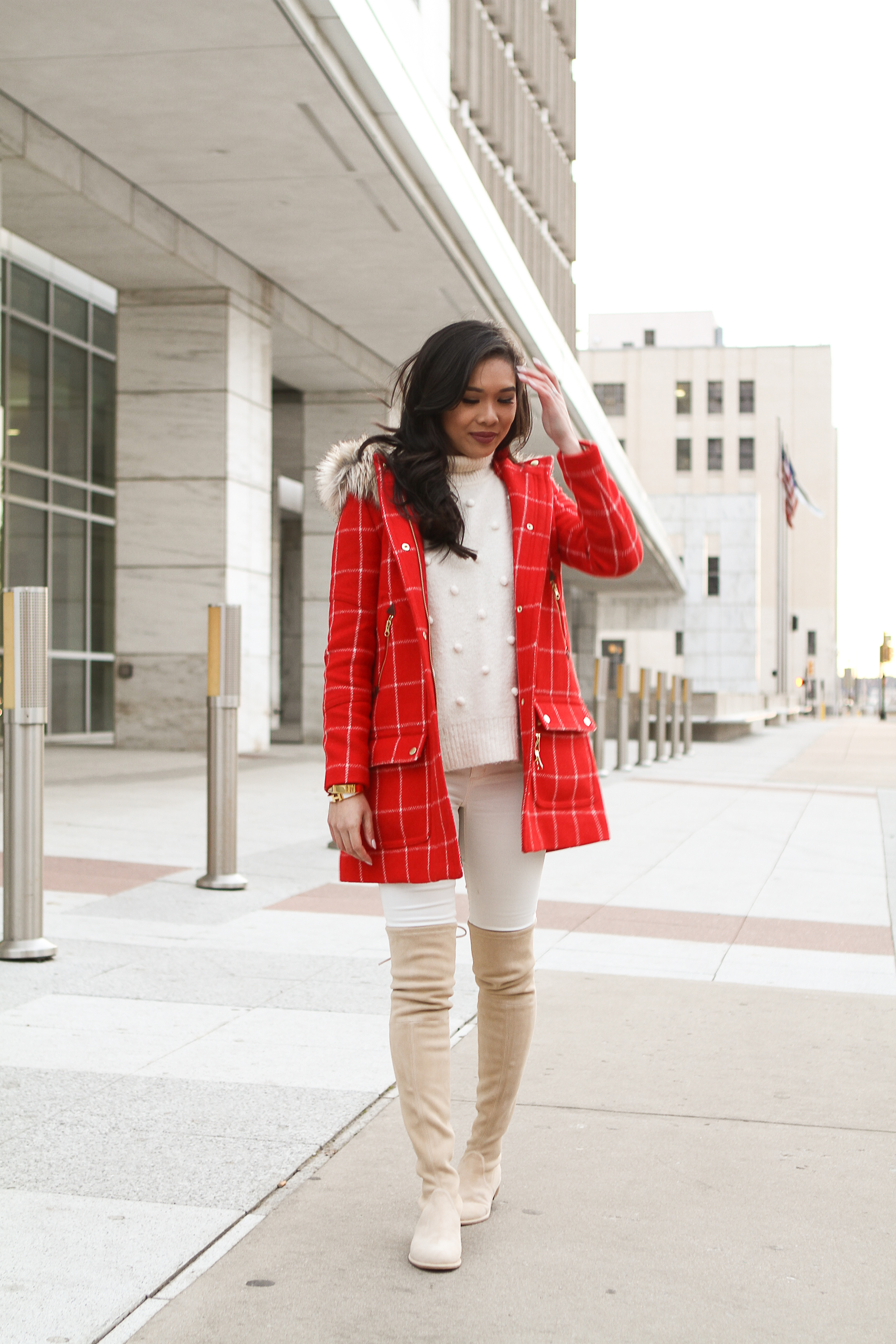 jcrew,chateau,windowpane,parka,faux,fur,hood,removable,warm,wool,coat,red,winter,style,festive,dallas,blogger,downtown,his,and,hers,fashion,petite,blogger,stuart,weitzman,lowland,boots,over,the,knee,suede,buff,ivory,suede,cream,madewell,bobble,head,pom,pom,sweater,loft,leggings,mens,nudie,jeans,flannel,peacoat,pink,peonies,