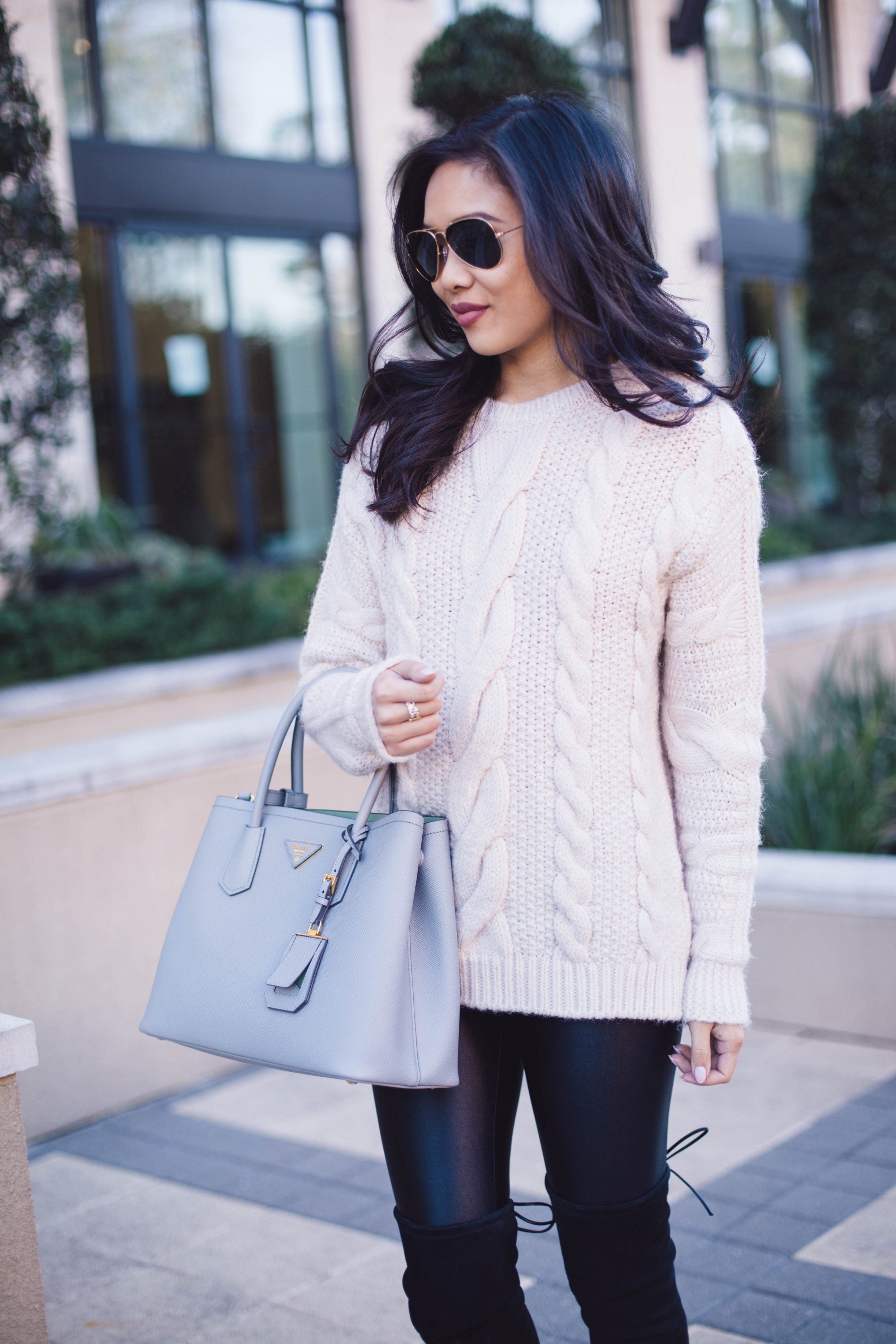 Casual cable sweater with liquid leggings