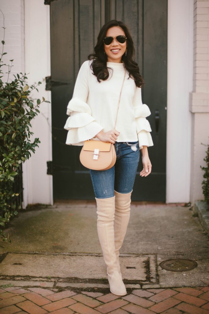 Ruffle Sleeve Sweater + Over-the-Knee Boots - Color & Chic