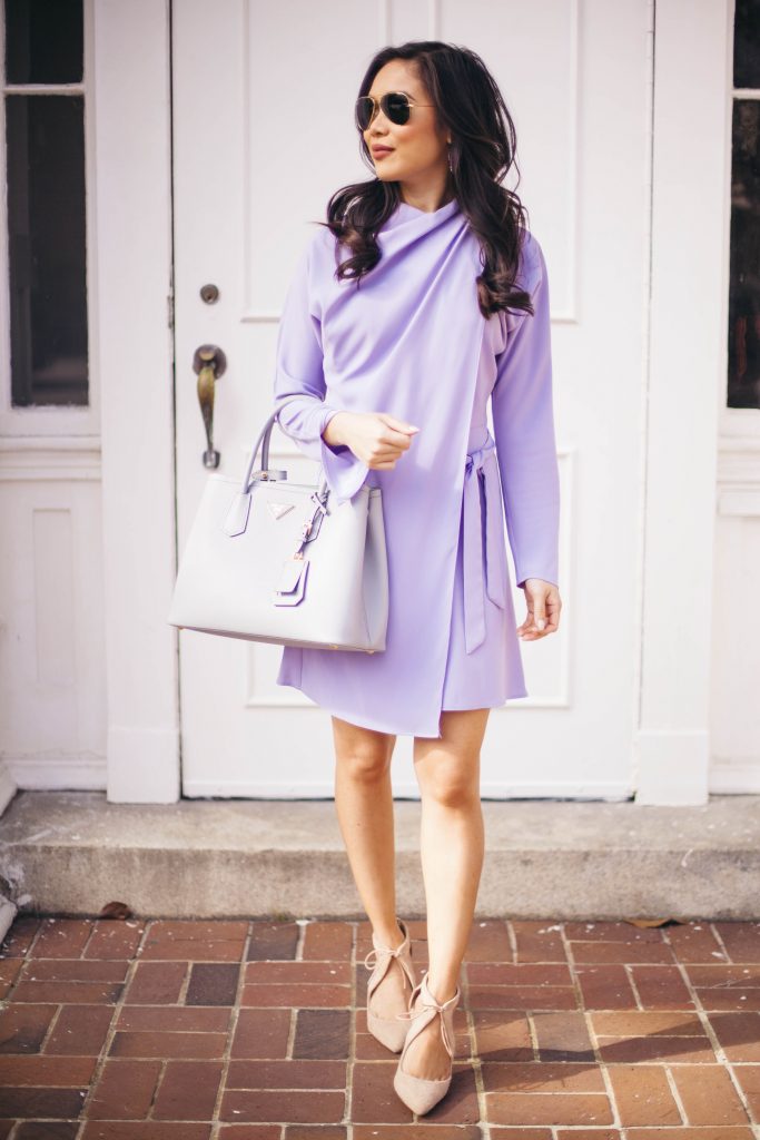 Pastel Tones Lilac Drape Dress + Blush Heels Color & Chic