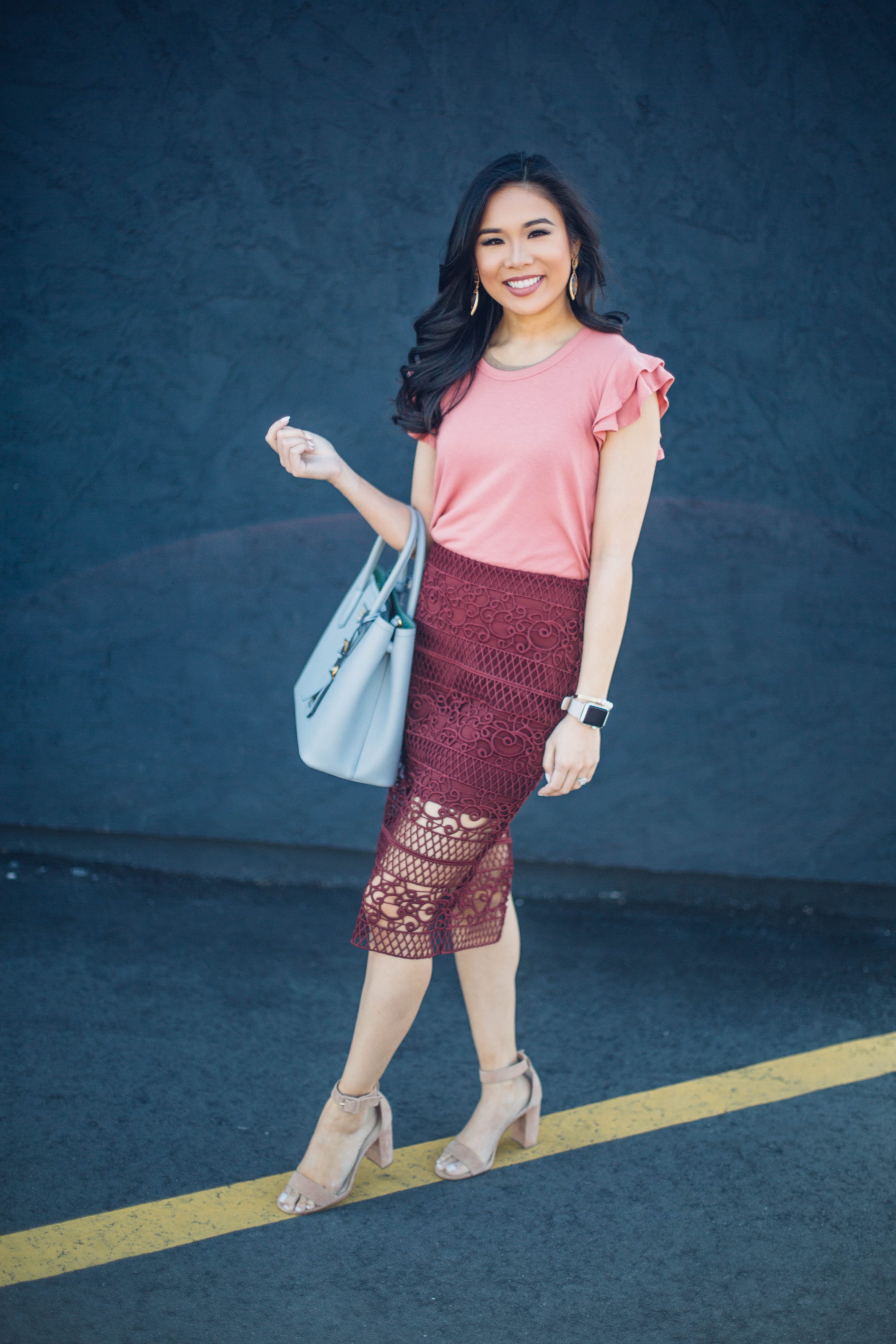 Ruffle tee and crochet skirt for a spring work outfit