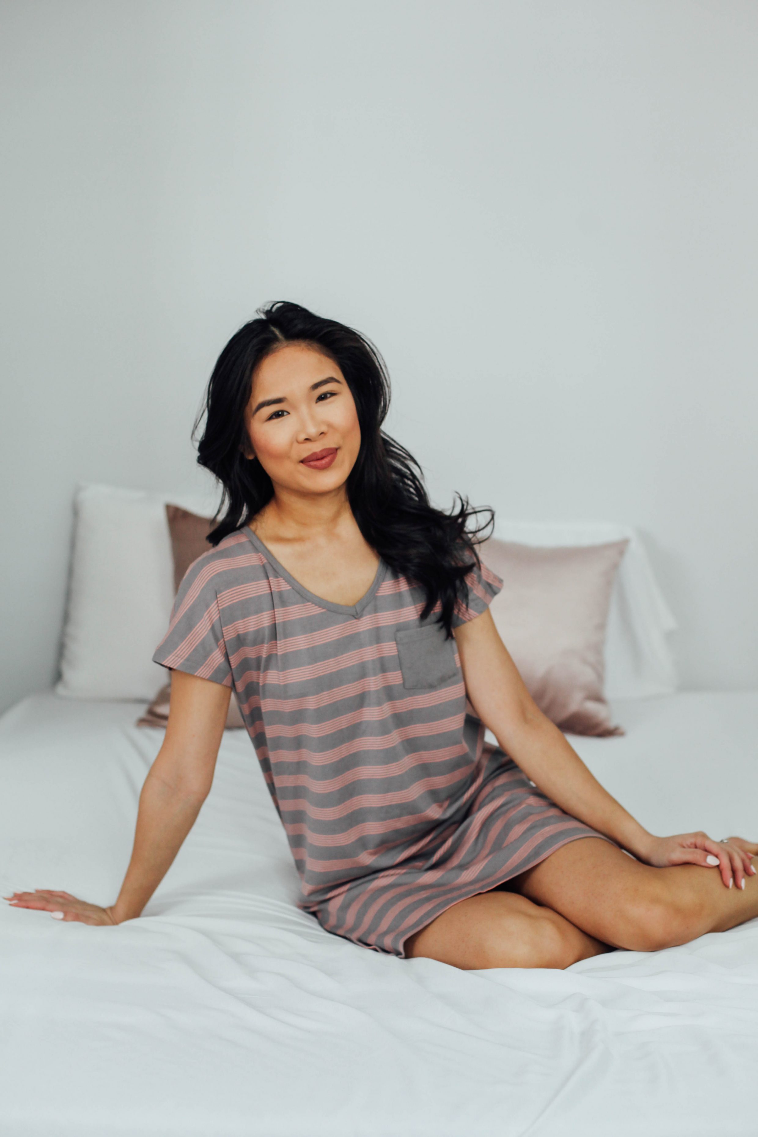 Blogger Hoang-Kim wears a sleep shirt by bamboo brand Cariloha