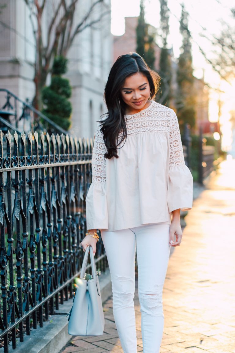 The Perfect Spring Top :: Crochet and Bell Sleeve Blouse - Color & Chic