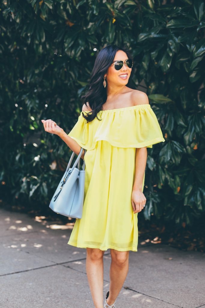 Ray of Sunshine :: Yellow Ruffled Off the Shoulder Dress - Color & Chic