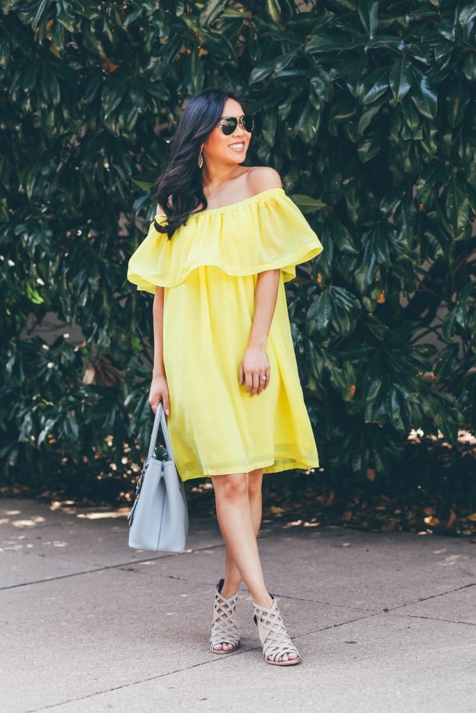 Ray of Sunshine :: Yellow Ruffled Off the Shoulder Dress - Color & Chic