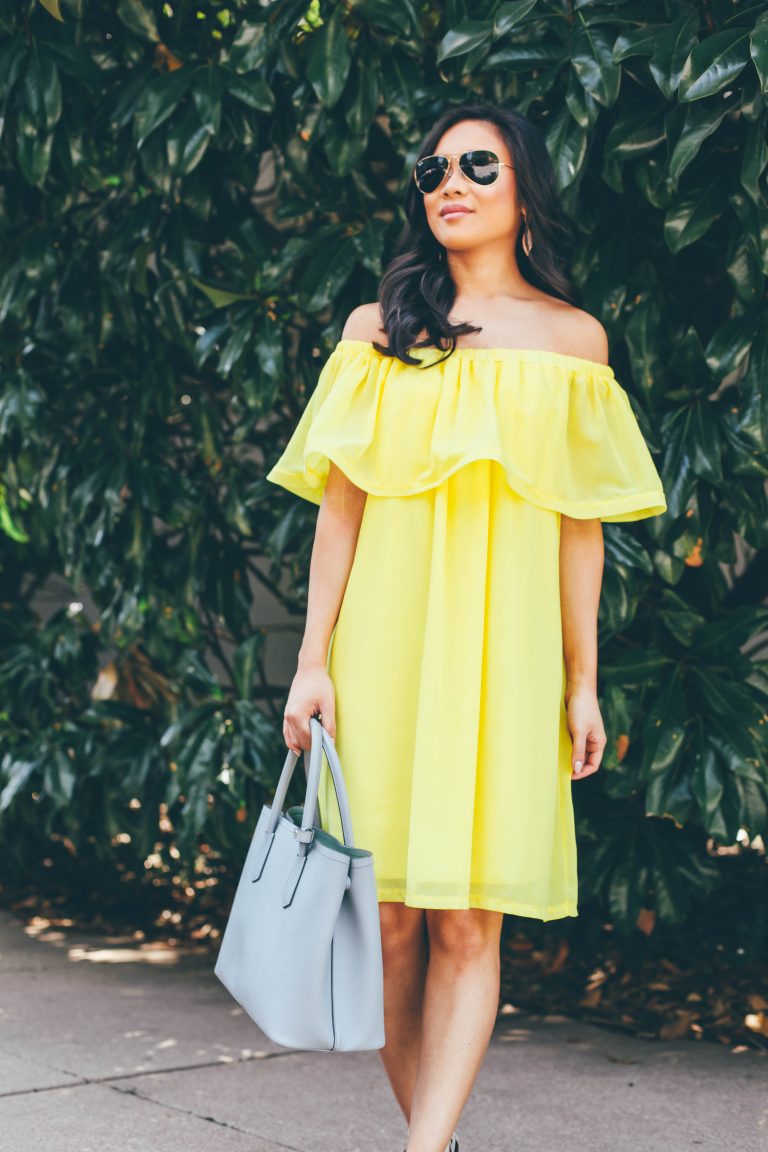 Ray of Sunshine :: Yellow Ruffled Off the Shoulder Dress - Color & Chic