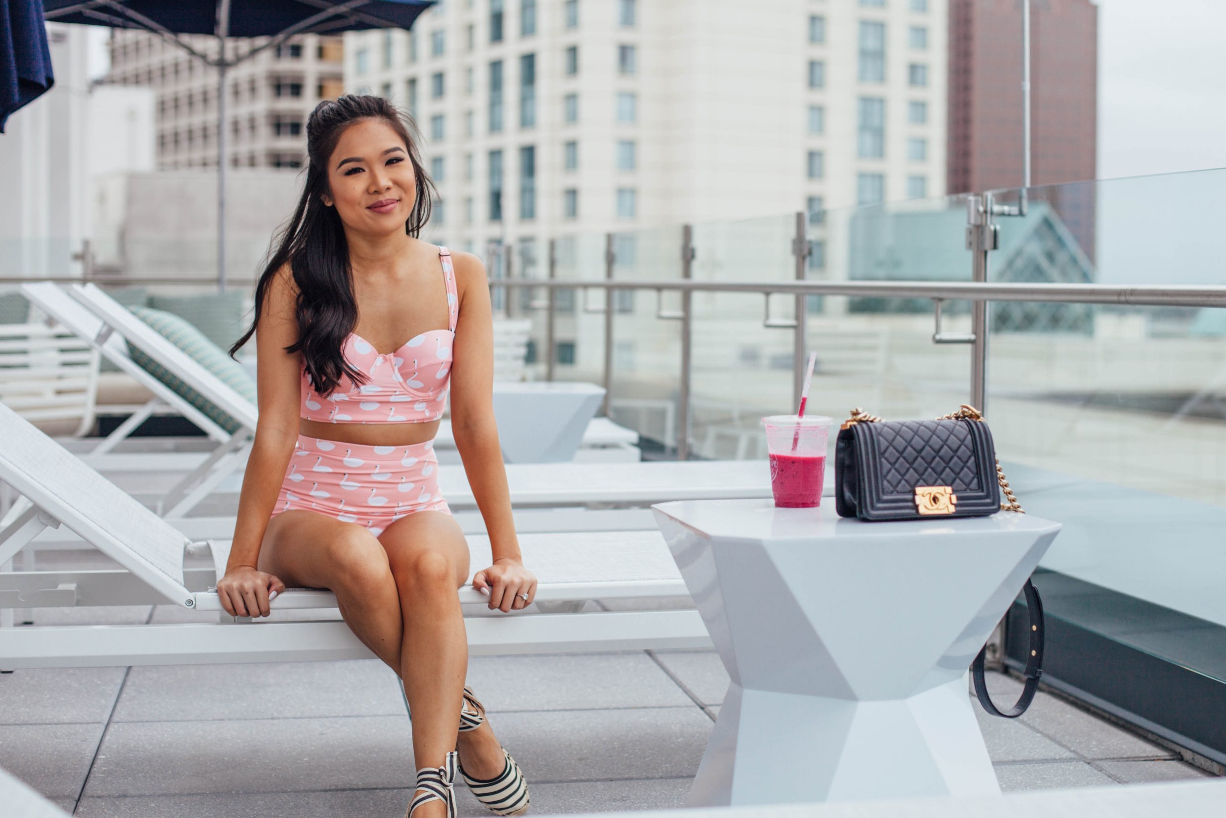 COLOR & CHIC | A staycation at Hilton Norfolk The Main - rooftop patio in a Kingdom & State swimsuit and Soludos espadrilles