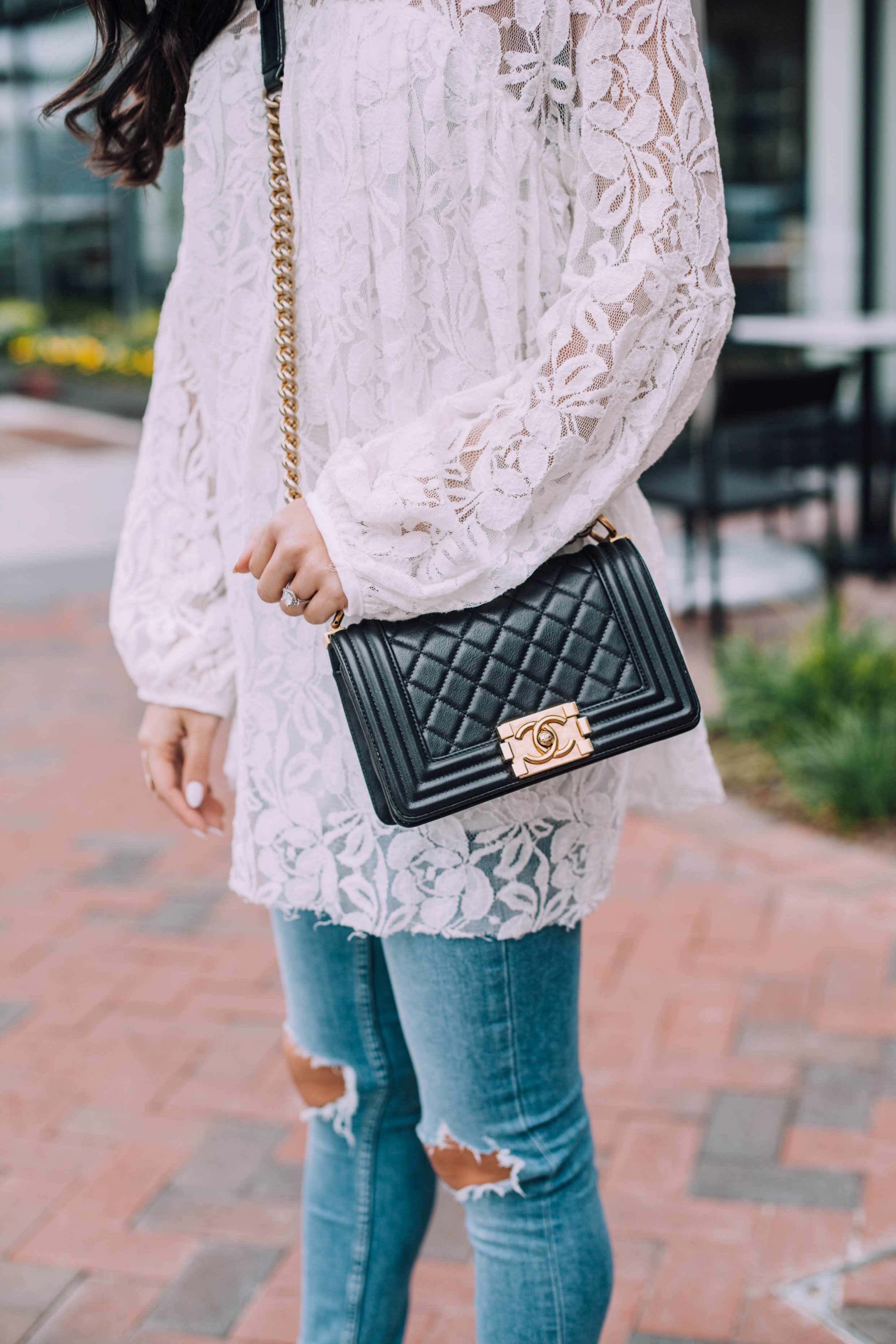 COLOR & CHIC | White Lace Tunic, Light Blue Distressed Jeans and Small Chanel Boy Bag