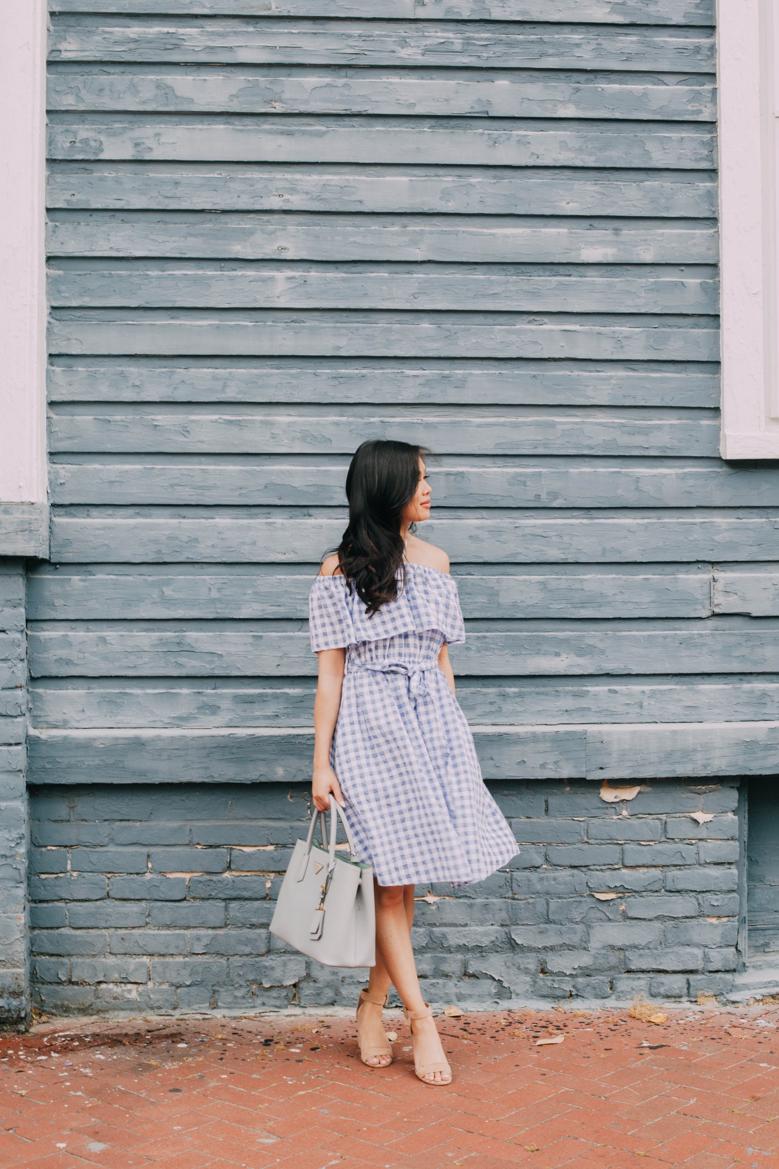 Color & Chic Gingham Halter Dress with Suede Block Heels
