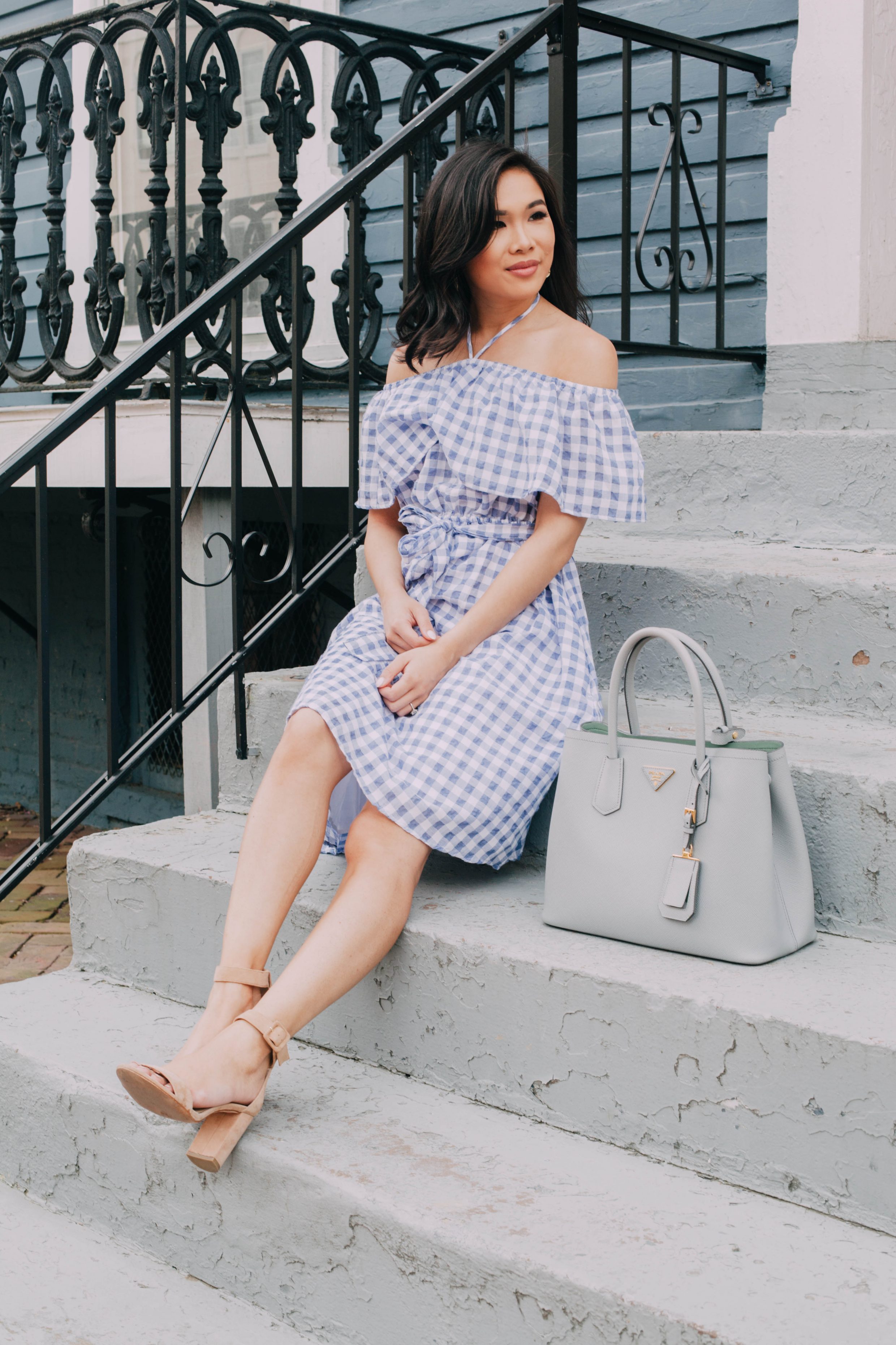 Color & Chic Gingham Halter Dress with Suede Block Heels