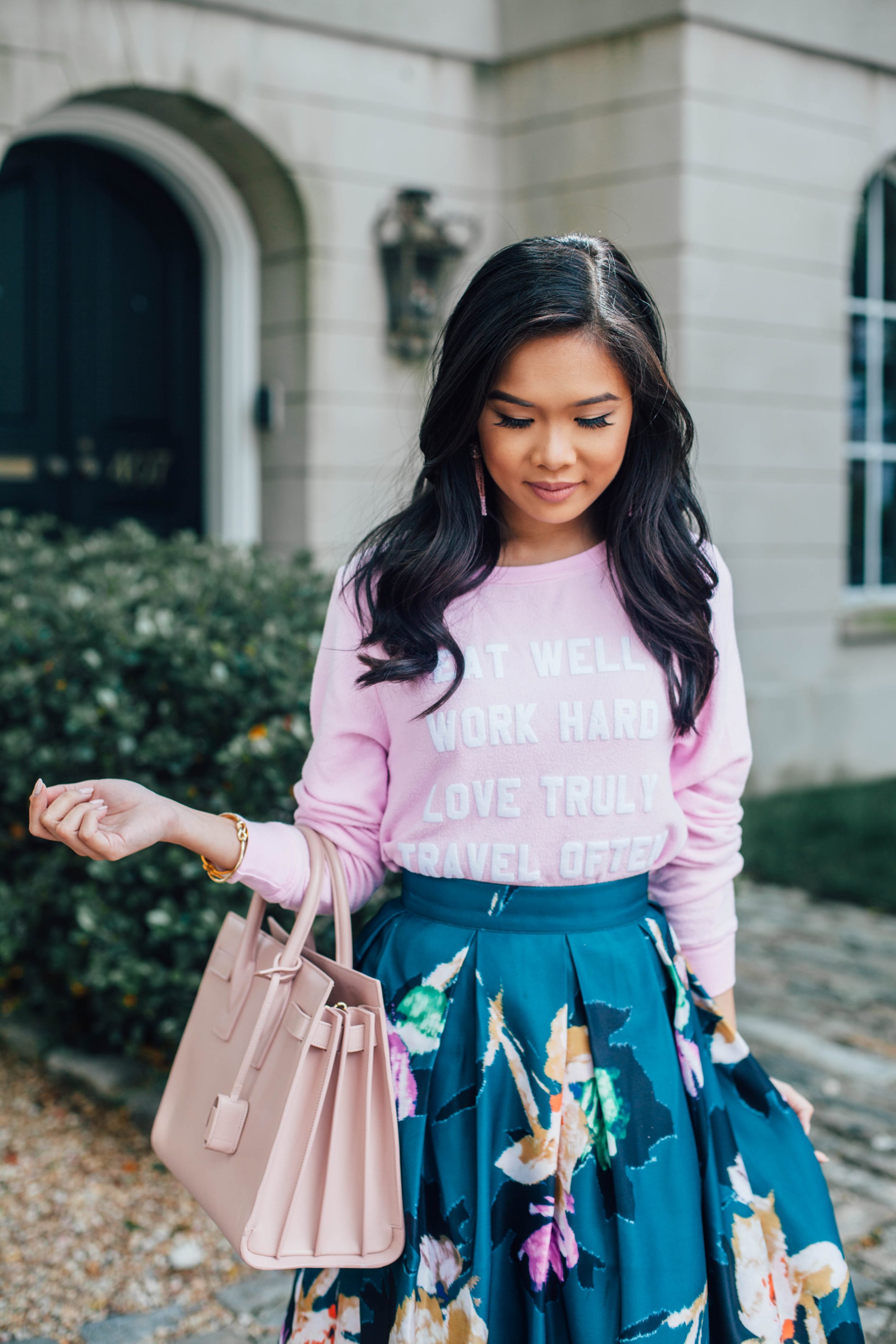 Mantra Sweatshirt and Floral Midi Skirt