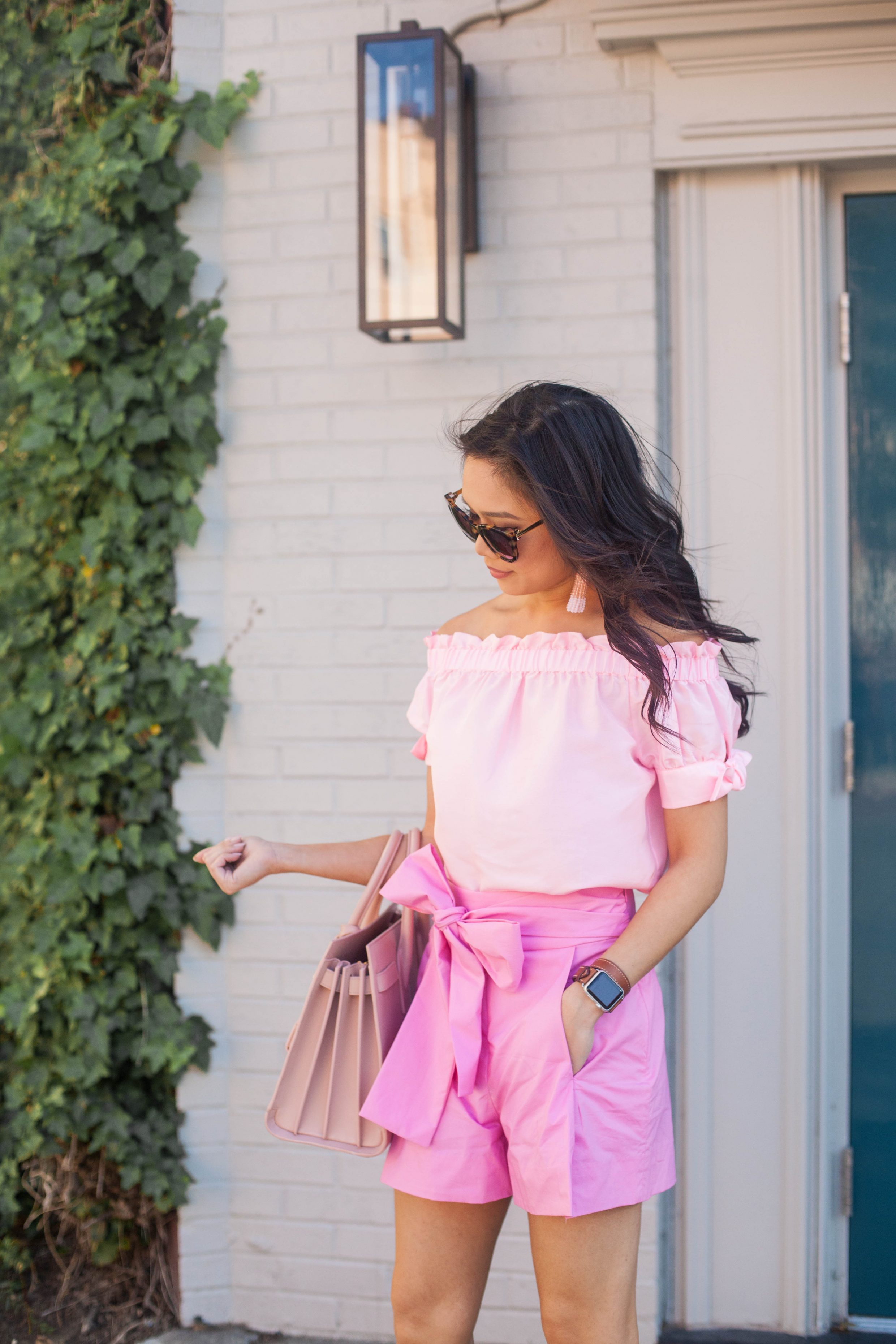 Pink on Pink :: Off the Shoulder Top + Bow Tie Shorts - Color & Chic