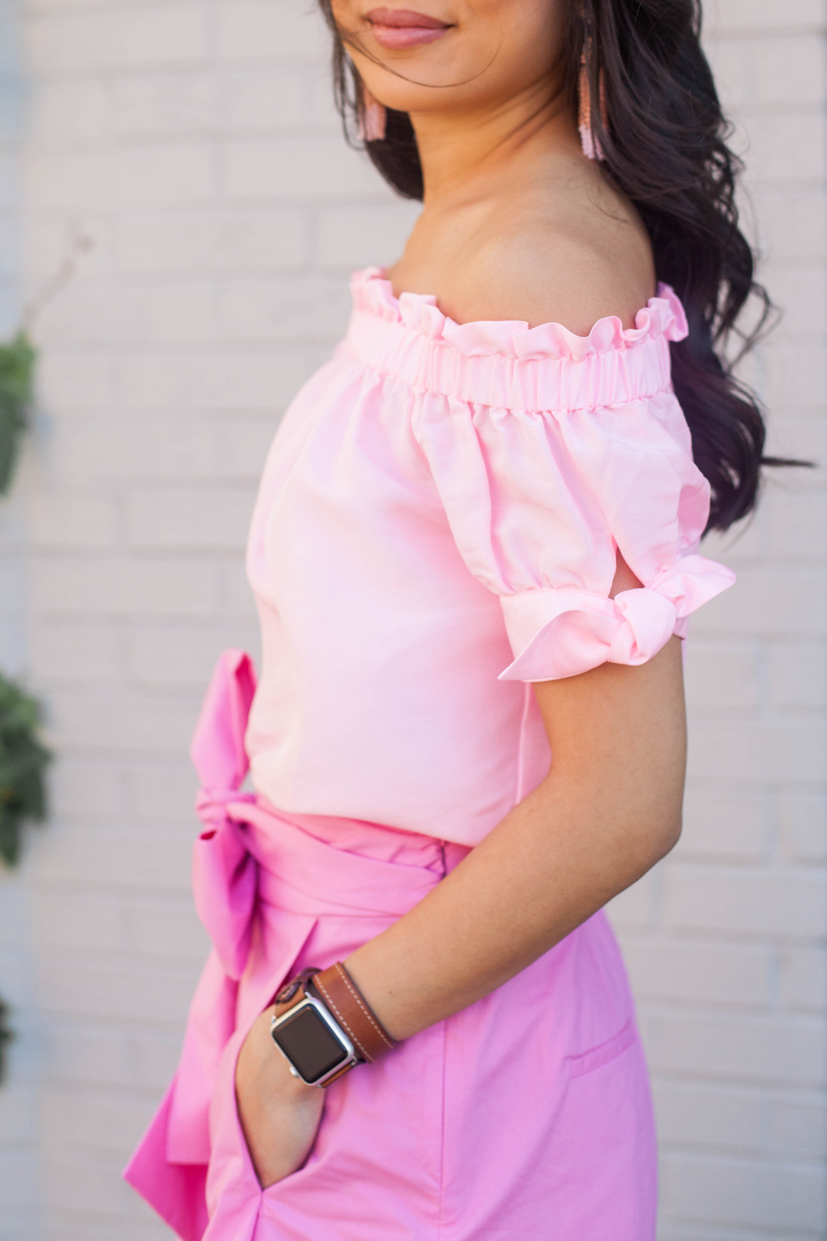 Pink on Pink :: Off the Shoulder Top + Bow Tie Shorts - Color & Chic