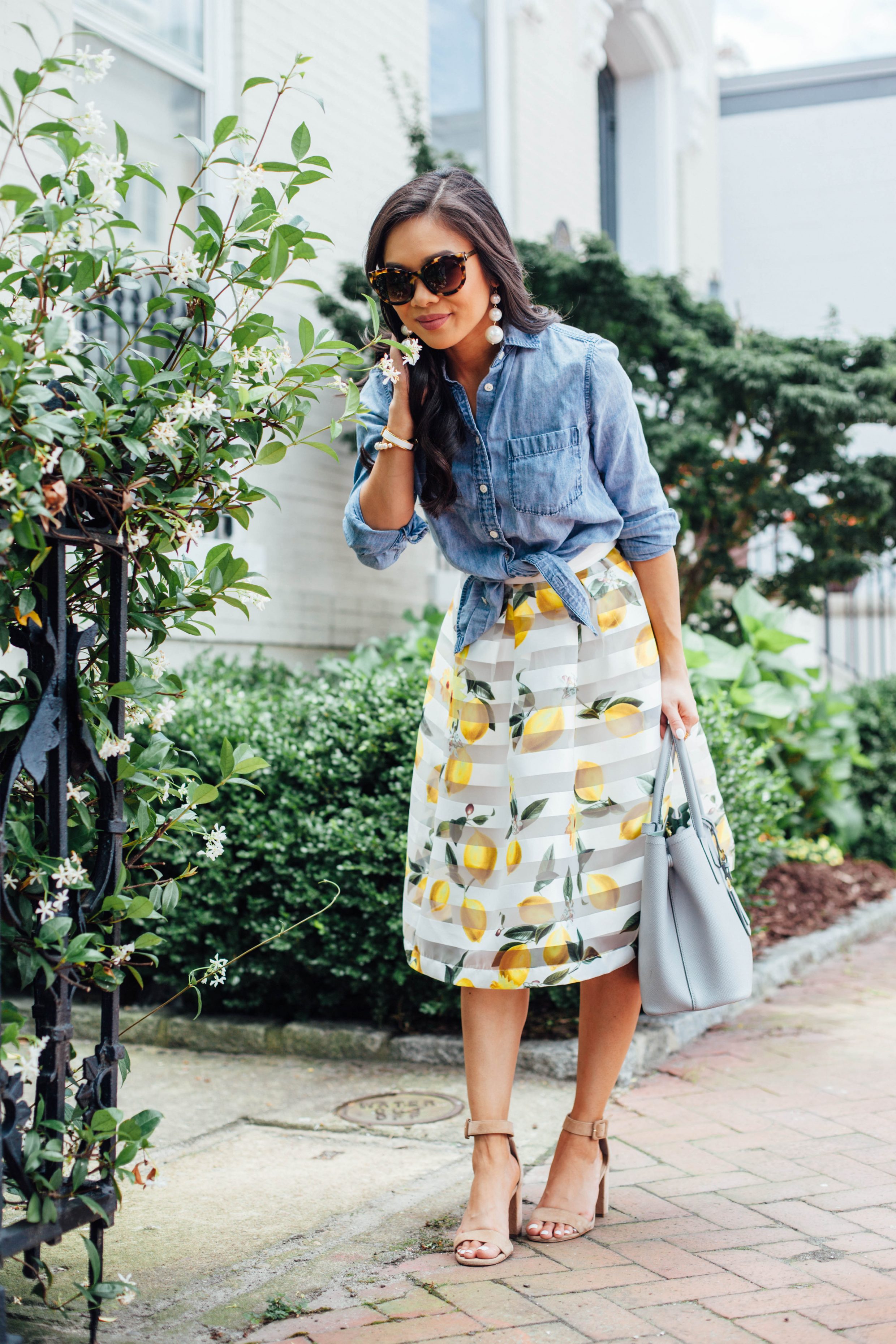 COLOR & CHIC | Chambray button up and a lemon print midi skirt for summer