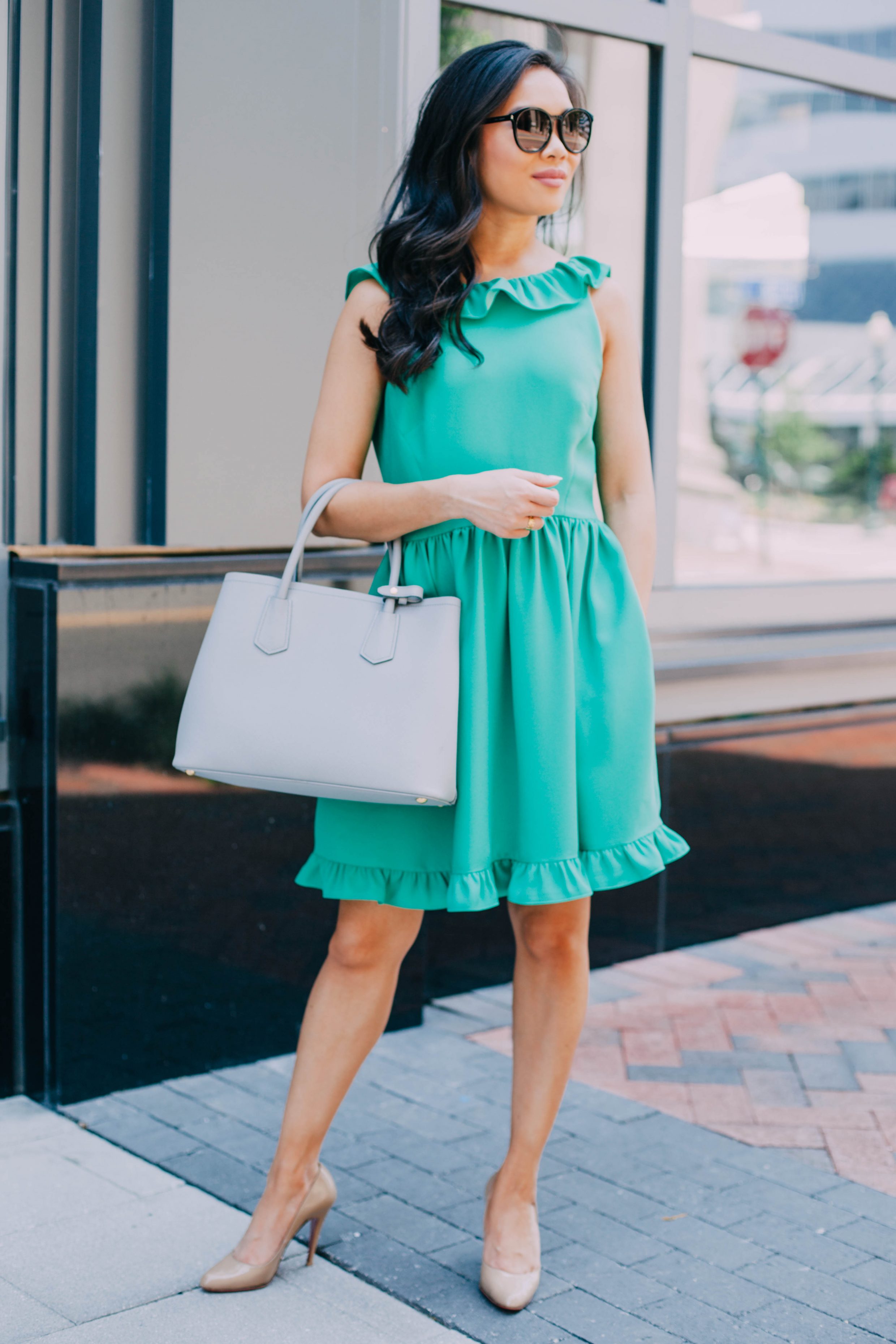 COLOR & CHIC | Ruffle Back Dress with Pockets for Work and the Weekend