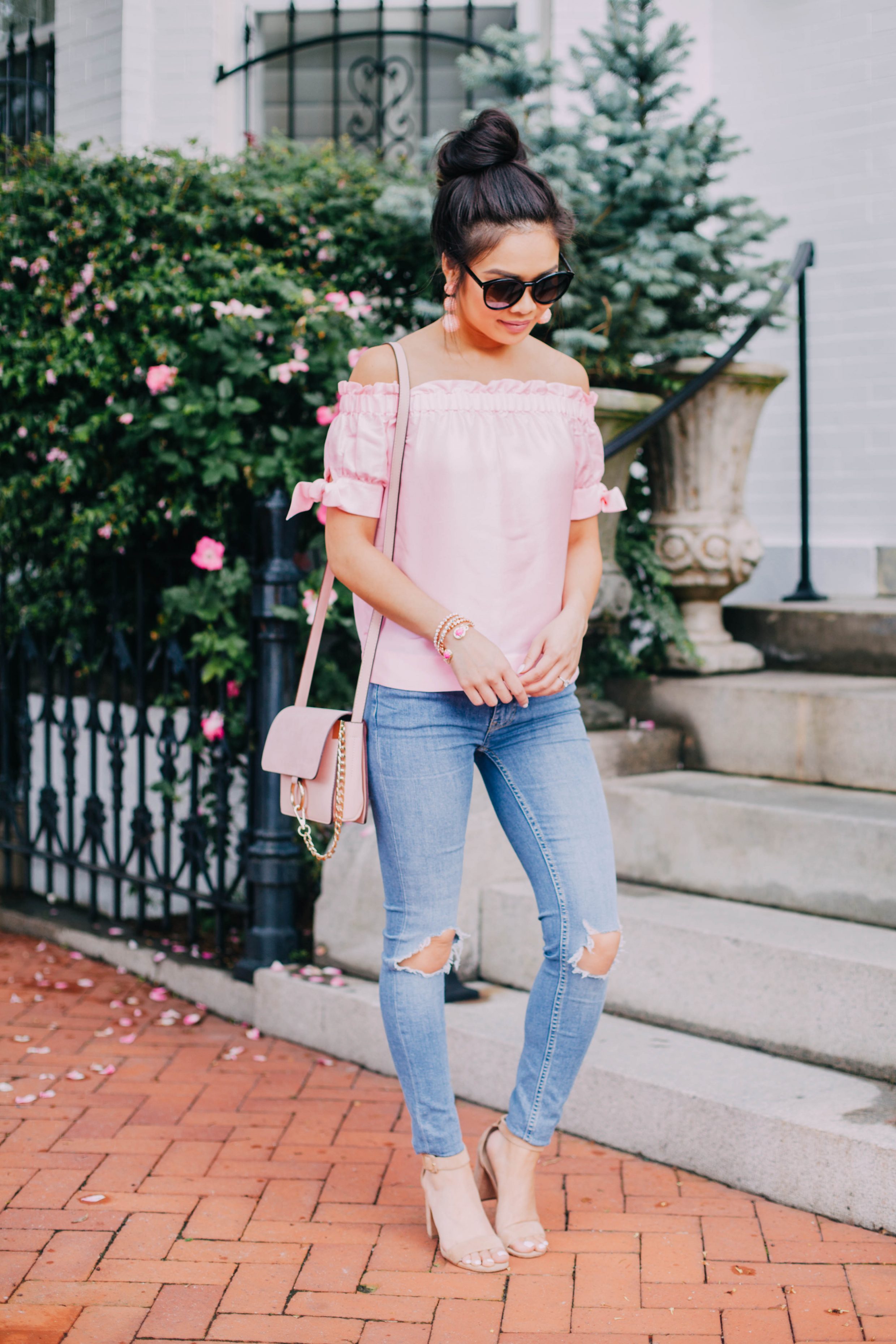 Pink Silk Off the Shoulder Top + Jeans - Color & Chic