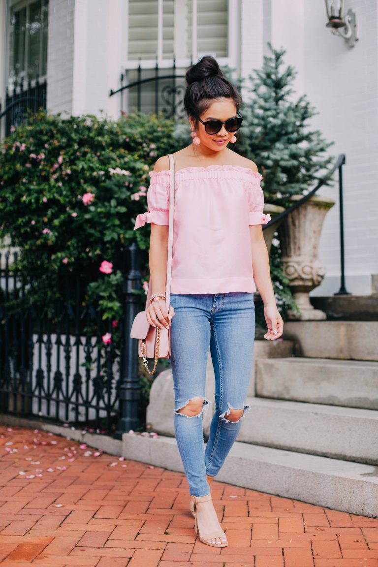 Pink Silk Off the Shoulder Top + Jeans - Color & Chic